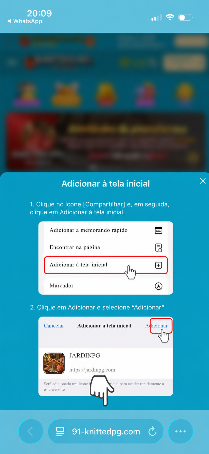 Selecione Adicionar à tela inicial no menu do navegador